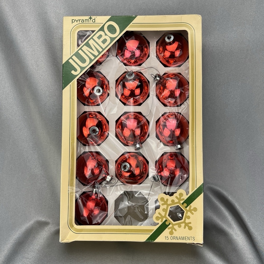 Vintage Pyramid Rauch Industries 13 Jumbo Red Glass Ball Christmas Ornaments USA